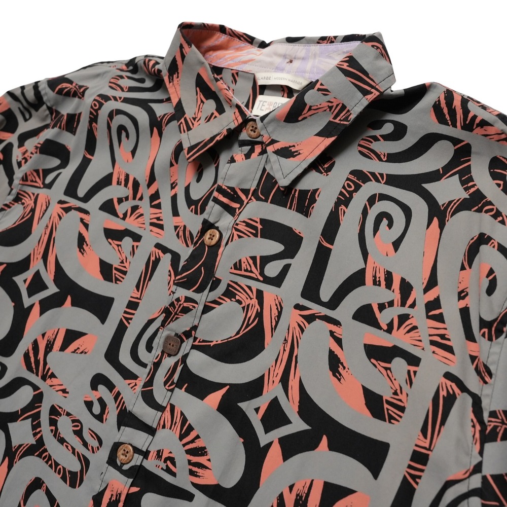Te Aito Tahiti Button Down‎ Mens XL Grey Tribal Print Modern Warrior Polynesian